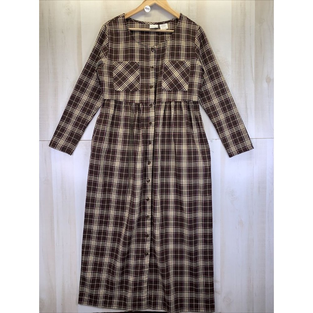 Vintage 1980-90s Moda Intl Womens Brown Plaid Button Front Dress Medium-USA Made